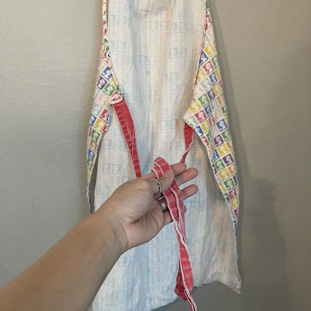 Vintage Full Apron 100% Cotton Multicolor Stamp Print Pockets Adjustable Neck